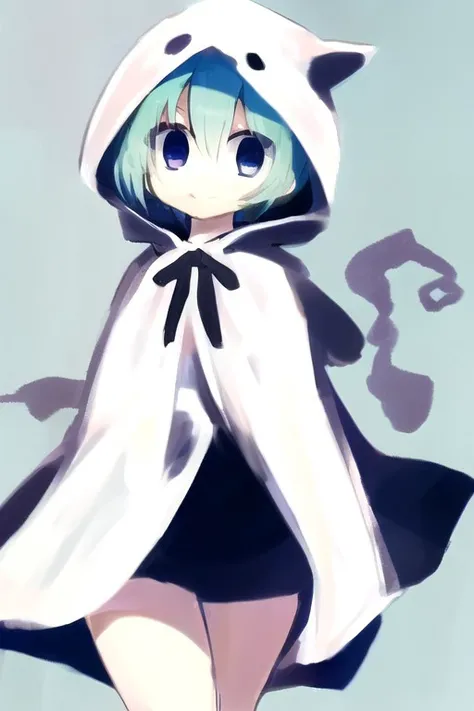 Yuuchan, 1girl, cowboy shot, thighs, ghost costume, ghost hoodie, aqua hair, blue eyes, <lora:yuuchan-puyopuyo-v1.0-sd1.5:0.9>