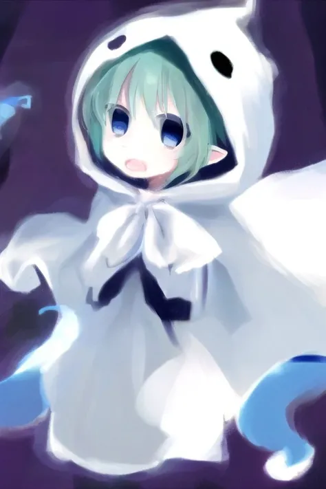 Yuuchan, 1girl, ghost costume, ghost hoodie, ghost tail, aqua hair, blue eyes, <lora:yuuchan-puyopuyo-v1.0-sd1.5:0.9>