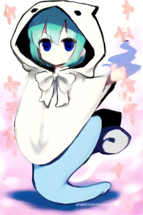 Yuuchan, 1girl, ghost costume, ghost hoodie, ghost tail, aqua hair, blue eyes, <lora:yuuchan-puyopuyo-v1.0-sd1.5:0.9>