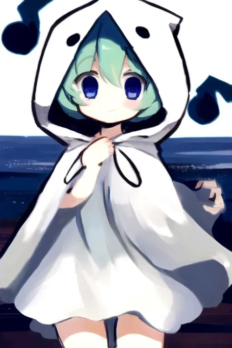 Yuuchan, 1girl, cowboy shot, thighs, ghost costume, ghost hoodie, aqua hair, blue eyes, <lora:yuuchan-puyopuyo-v1.0-sd1.5:0.9>