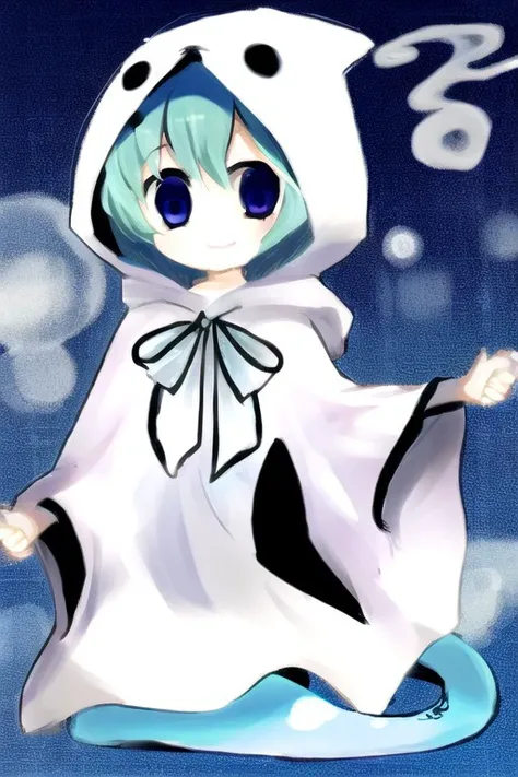 Yuuchan, 1girl, ghost costume, ghost hoodie, ghost tail, aqua hair, blue eyes, <lora:yuuchan-puyopuyo-v1.0-sd1.5:0.9>