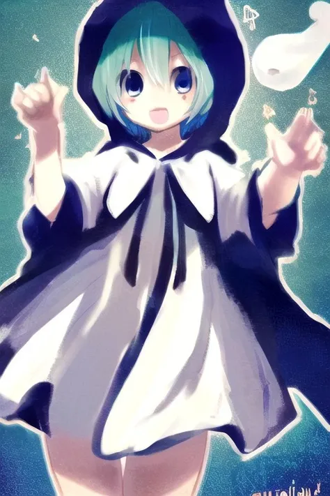 Yuuchan, 1girl, cowboy shot, thighs, ghost costume, ghost hoodie, aqua hair, blue eyes, <lora:yuuchan-puyopuyo-v1.0-sd1.5:0.9>