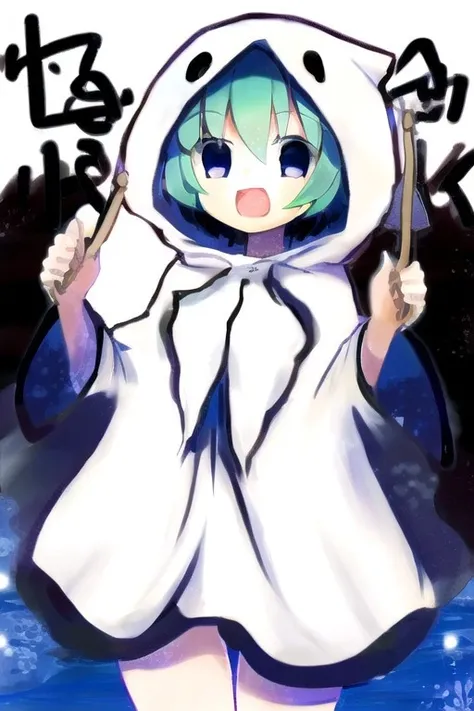 Yuuchan, 1girl, cowboy shot, thighs, ghost costume, ghost hoodie, aqua hair, blue eyes, <lora:yuuchan-puyopuyo-v1.0-sd1.5:0.9>