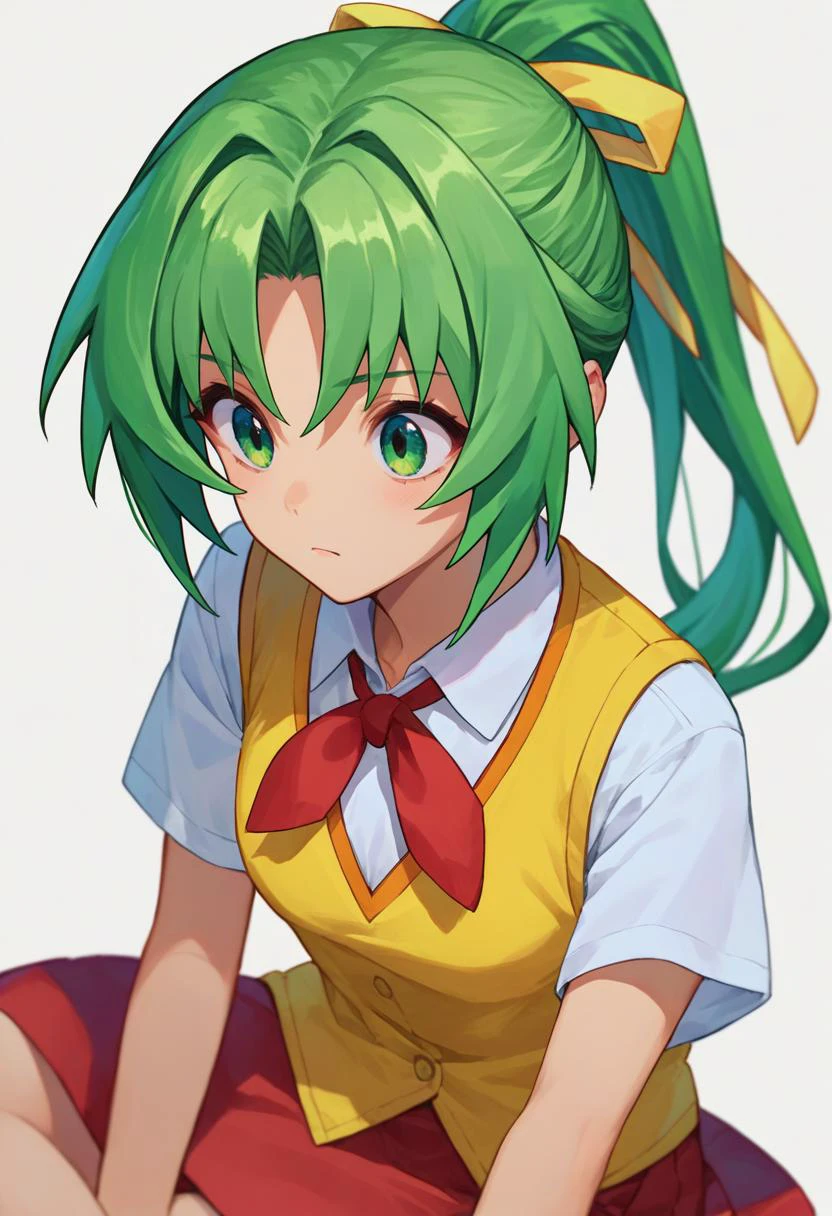 score_9, score_8_up, score_7_up, source_anime, <lora:ShionCame-000007:1> sonozaki shion, green hair, ponytail, green eyes, yellow ribbon, white shirt, red necktie, yellow vest, red skirt,