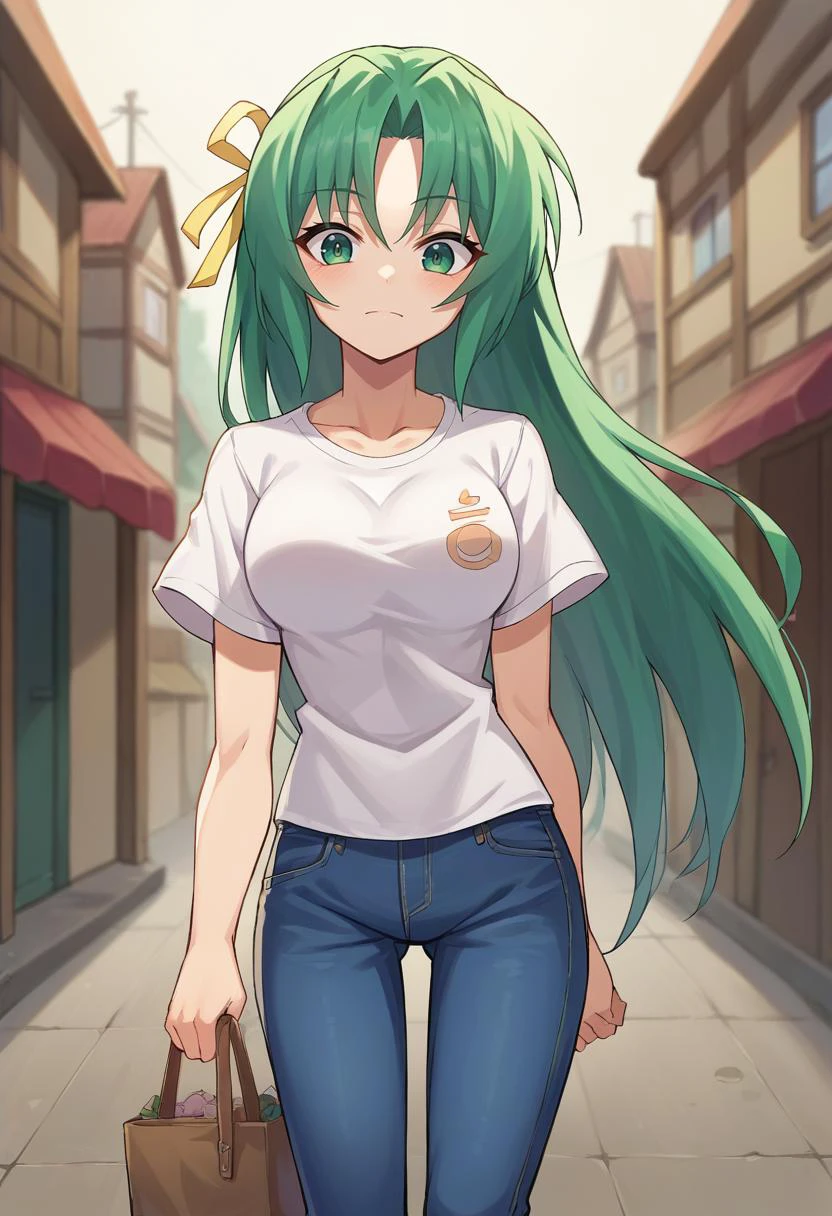 score_9, score_8_up, score_7_up, 1girl, solo, source_anime BREAK sonozaki shion, green hair, long hair, green eyes, yellow ribbon, white t-shirt, jeans, village, <lora:SHionAdapt0.5 15-000010:1>