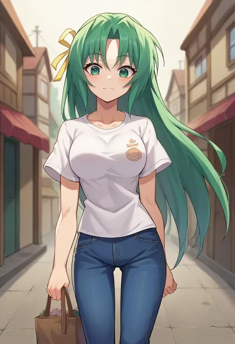 score_9, score_8_up, score_7_up, 1girl, solo, source_anime  BREAK  sonozaki shion, green hair, long hair, green eyes, yellow ribbon,  white t-shirt, jeans,  village,   <lora:SHionAdapt0.5 15-000010:1>