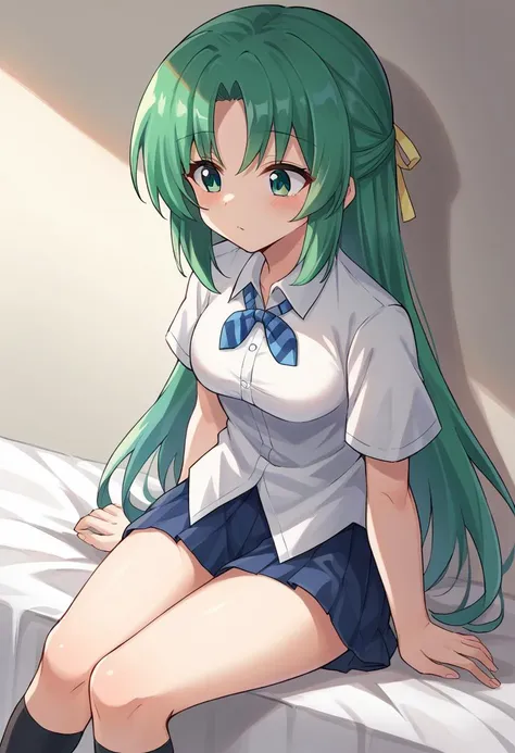 score_9, score_8_up, score_7_up, 1girl, solo, source_anime  BREAK  sonozaki shion, green hair, long hair, green eyes, yellow ribbon, white shirt, blue necktie, pleated skirt, sitting, black kneehighs,  <lora:SHionAdapt0.5 15-000011:1>