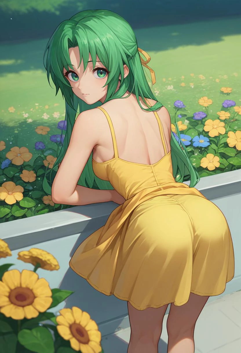 score_9, score_8_up, score_7_up, source_anime, 1girl, sonozaki shion, green hair, long hair, green eyes, yellow ribbon, yellow sundress, from behind, flowers, outdoors, looking at viewer, bent over, <lora:Shion V3_1-000005:1>