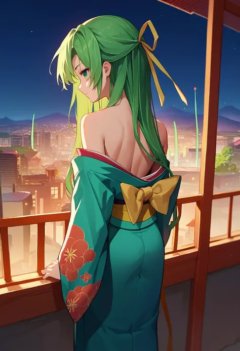 score_9, score_8_up, score_7_up, source_anime, 1girl,  ShiRND, green hair, long hair, green eyes, hair ribbon, kimono, off shoulder, from behind, cityscape, night,   <lora:Shion DORA test-000009:1>