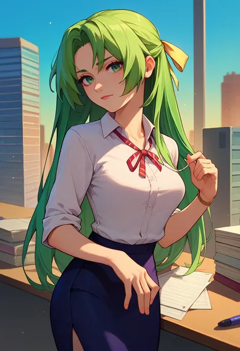 score_9, score_8_up, score_7_up, 1girl,   ShionSW, green hair, long hair, green eyes, hair ribbon, white turtleneck sweater, black skirt, yellow necklace, sleeveless, sitting, crossed legs, office,   <lora:Shion DORAV3-000008:1>