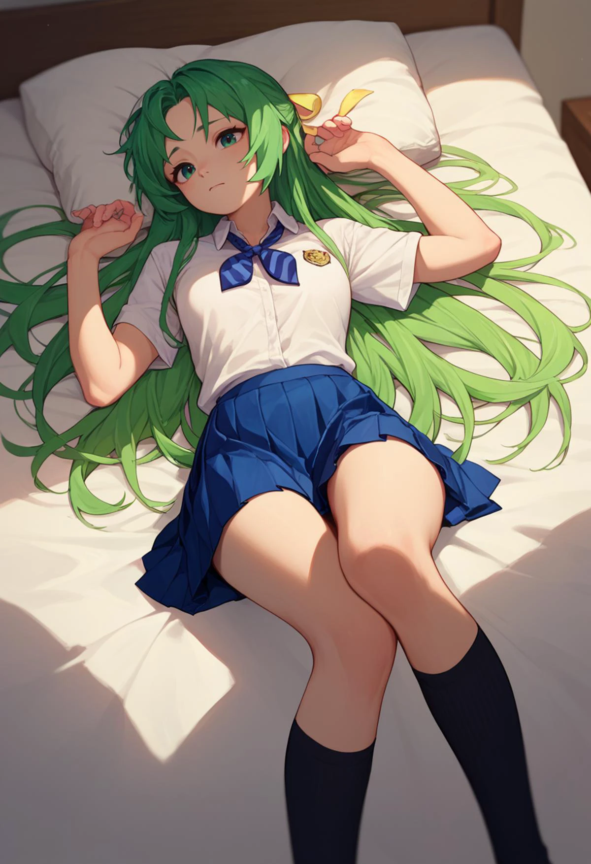 score_9, score_8_up, score_7_up, ShiiSchool, green hair, long hair, green eyes, hair ribbon, white shirt, blue necktie, pleated skirt, black knee highs, on back, bed, <lora:SHion DORA VA1-000014:1>