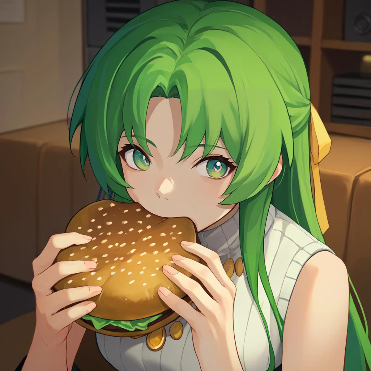 score_9, score_8_up, score_7_up, score_6_up, source_anime BREAK 1girl, <lora:jermawhopper-pdxl-nvwls-v1-000005:1> jermaWhopper, eating, burger, looking at you, upper body <lora:SHion DORA VA1-000014:1> ShionSW, green hair, long hair, green eyes, hair ribbon, white turtleneck sweater, black skirt, yellow necklace, sleeveless