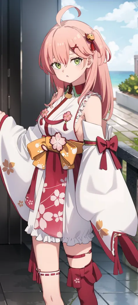 masterpiece, best quality, highres, miko1, sakura miko, 1girl, green eyes, solo, ahoge, x hair ornament, pink hair, single thighhigh, floral print, hairclip, sideboob, hair bell, floral print, long hair, hair between eyes,standing, white thighhighs, asymmetrical legwear, wide sleeves, look at viewer,<lora:sakura miko_v1:1>