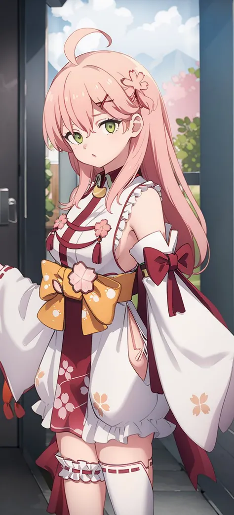 masterpiece, best quality, highres, miko1, sakura miko, 1girl, green eyes, solo, ahoge, x hair ornament, pink hair, single thighhigh, floral print, hairclip, sideboob, hair bell, floral print, long hair, hair between eyes,standing, white thighhighs, asymmetrical legwear, wide sleeves, look at viewer,<lora:sakura miko_v1:1>