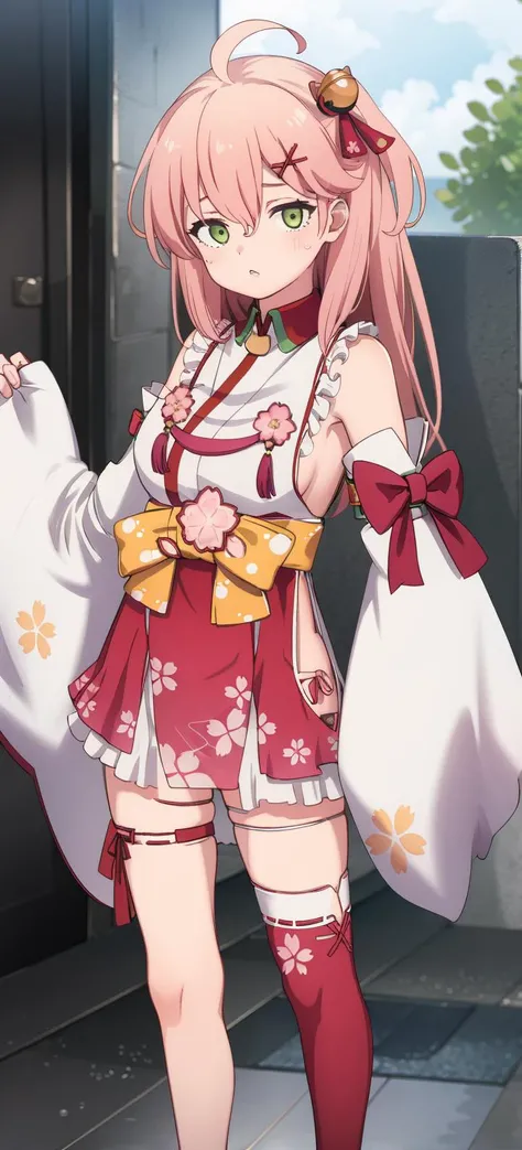 masterpiece, best quality, highres, miko1, sakura miko, 1girl, green eyes, solo, ahoge, x hair ornament, pink hair, single thighhigh, floral print, hairclip, sideboob, hair bell, floral print, long hair, hair between eyes,standing, white thighhighs, asymmetrical legwear, wide sleeves, look at viewer,<lora:sakura miko_v1:1>
