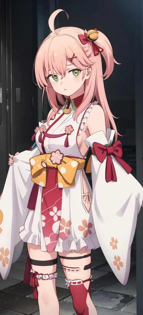 masterpiece, best quality, highres, miko1, sakura miko, 1girl, green eyes, solo, ahoge, x hair ornament, pink hair, single thighhigh, floral print, hairclip, sideboob, hair bell, floral print, long hair, hair between eyes,standing, white thighhighs, asymmetrical legwear, wide sleeves, look at viewer,<lora:sakura miko_v1:1>