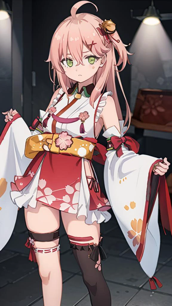 masterpiece, best quality, highres, miko1, sakura miko, 1girl, green eyes, solo, ahoge, x hair ornament, pink hair, single thighhigh, floral print, hairclip, sideboob, hair bell, floral print, long hair, hair between eyes,standing, white thighhighs, asymmetrical legwear, wide sleeves, look at viewer,<lora:sakura miko_v1:1>