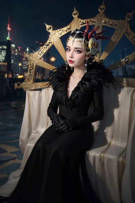sfw,
(8k, RAW photo, best quality, masterpiece:1.1), High detail RAW color photo,
,(realistic, photo realistic:1.25),
,(ultra-detailed black hair, many detailed tangle hair streak:1.2)
,(looking at viewer:1.2)
,<lora:FF08_edea-nvwls-v1:0.9>(black elbow gloves:1.3),(edea,hair ornament, earrings, cape, black dress, feather trim, plunging neckline, long sleeves, makeup, lipstick)
,full body
,(Sitting on the parade throne)
,(City at night background:1.3),
<lora:eyelashes_slider_v3:2>
<lora:epi_noiseoffset2:1>dark studio, rim lighting, two tone lighting, dimly lit, low key
,(looking at viewer:1.2)