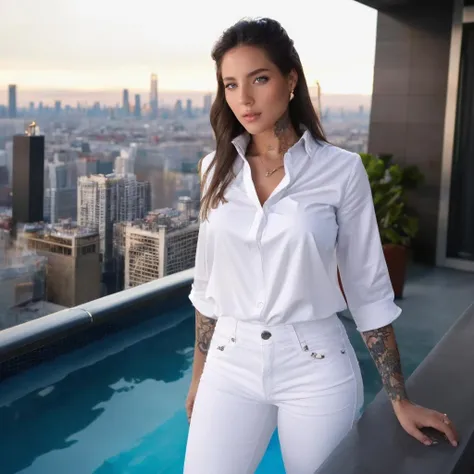 ((( a woman wearing a white blouse and wide 70s jeans posing ontop of a skycraper swimming pool with view of a big city , upper body)))<lora:EffyLoweellV3Lora:1> woman, with, tattoos, and, piercing, nude, beautiful eyes, beautiful girl, high detail eyes, high detail hair, 4k textures, soft cinematic light, cinematic look, insane details, hyperdetailed, Highly detailed