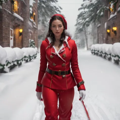 ((( a woman walking in heavy snow in a santa clause cosplay with red coat and and red pants, upper body)))<lora:EffyLoweellV3Lora:1> woman, with, tattoos, and, piercing, nude, beautiful eyes, beautiful girl, high detail eyes, high detail hair, 4k textures, soft cinematic light, cinematic look, insane details, hyperdetailed, Highly detailed