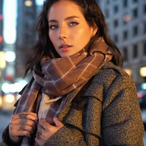 ((( a woman wearing a coat and a scarf in the city in freezing temperature , upper body)))<lora:EffyLoweellV3Lora:1> woman, with, tattoos, and, piercing, lip, nose, beautiful eyes, beautiful girl, high detail eyes, high detail hair, 4k textures, soft cinematic light, cinematic look, insane details, hyperdetailed, Highly detailed