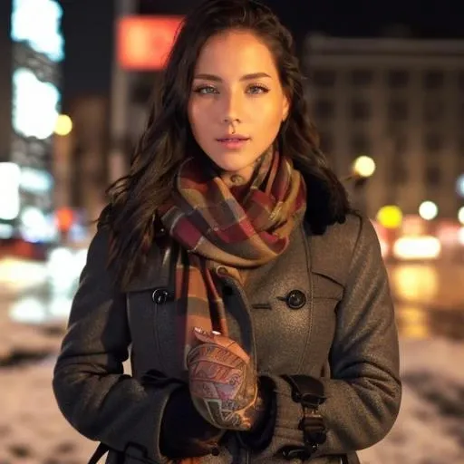 ((( a woman wearing a coat and a scarf in the city in freezing temperature , upper body)))<lora:EffyLoweellV3Lora:1> woman, with, tattoos, and, piercing, nude, beautiful eyes, beautiful girl, high detail eyes, high detail hair, 4k textures, soft cinematic light, cinematic look, insane details, hyperdetailed, Highly detailed
