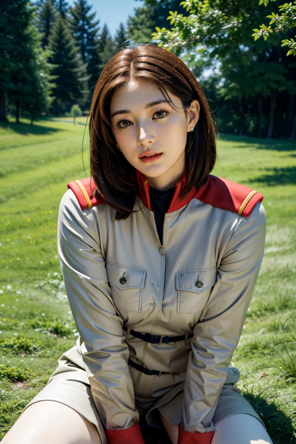day,forest,trees,on grass,
dynamic pose, sitting at attention,
brown military uniform,long sleeves,
<lora:Noel_Anderson_Gundam_Lost_War-KK77-V1:0.7>,
brown hair,brown eyes,short hair,headphone,
,<lora:more_details:0.1>,
1 girl, 20yo,Young female,Beautiful long legs,Beautiful body,
Beautiful Nose,Beautiful character design, perfect eyes, perfect face,expressive eyes,perfect balance,
looking at viewer,closed mouth, (innocent_big_eyes:1.0),(Light_Smile:0.3),
official art,extremely detailed CG unity 8k wallpaper, perfect lighting,Colorful, Bright_Front_face_Lighting,White skin,
(masterpiece:1.0),(best_quality:1.0), ultra high res,4K,ultra-detailed,
photography, 8K, HDR, highres, absurdres:1.2, Kodak portra 400, film grain, blurry background, bokeh:1.2, lens flare, (vibrant_color:1.2),professional photograph,
(Beautiful,huge_Breasts:1.0), (beautiful_face:1.5),(narrow_waist),
