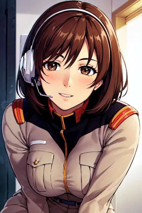 military uniform, <lora:Noel_Anderson_Gundam_Lost_War-KK77-V1:0.7>, brown hair,brown eyes,short hair,headphone
1 girl, 20yo,Young female,Beautiful Finger,Beautiful long legs,Beautiful body,Beautiful Nose,Beautiful character design, perfect eyes, perfect face,expressive eyes, looking at viewer, in the center of the image,(light_smile:0.5), official art,extremely detailed CG unity 8k wallpaper, perfect lighting,Colorful, Bright_Front_face_Lighting,shiny skin, (masterpiece:1.0),(best_quality:1.0), ultra high res,4K,ultra-detailed, photography, 8K, HDR, highres, absurdres:1.2, Kodak portra 400, film grain, blurry background, bokeh:1.2, lens flare, (vibrant_color:1.2) (Beautiful,large_Breasts:1.0), (beautiful_face:1.5),(narrow_waist)