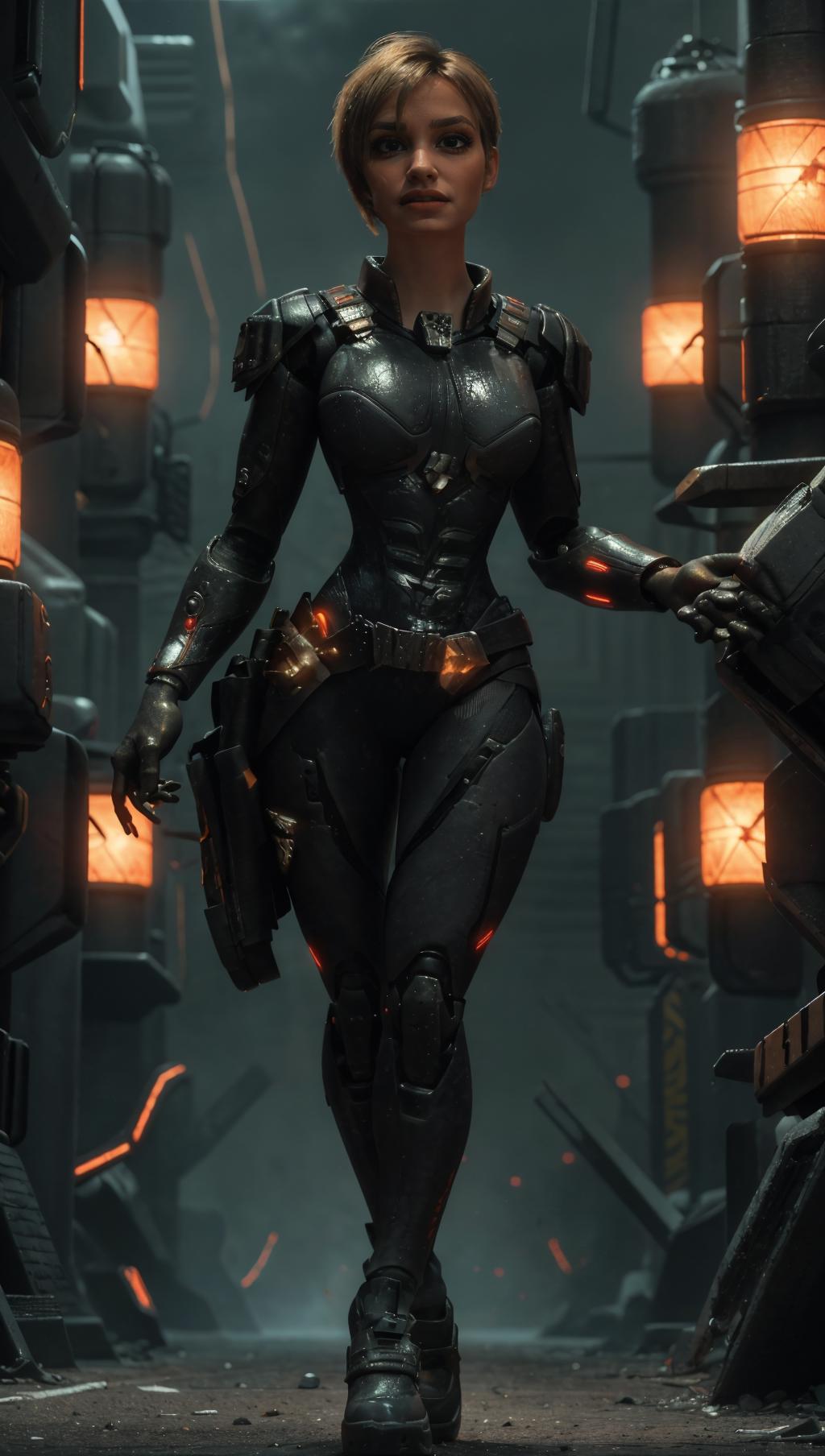 A woman in a futuristic suit standing in a dark room - SeaArt AI