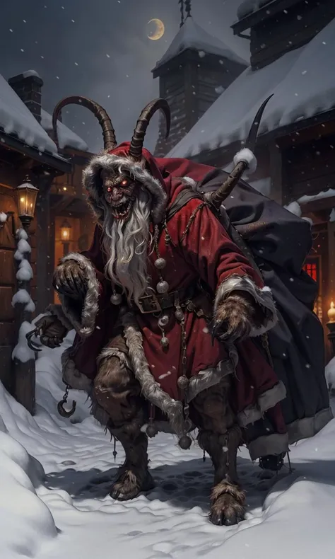 krampus2023, christmas, 8k, uhd, best best quality, trending on arstation, masterpiece, glowing red eyes, horns, snowy weather, hooves, claws, holding large sack, creepy, hunched back, digitigrade, closeup, ugly, fangs,