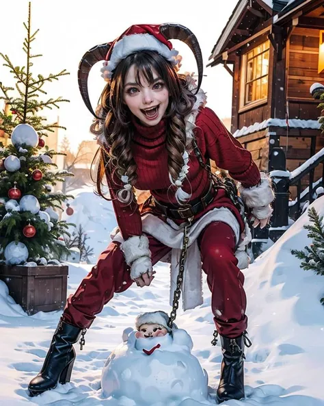 (full body), a (chibi-girl:1.45), krampus2023, horns, claws, fangs, chains,dark, horror \(theme\), Auburn-hair, long hair,
(Mock neck knit sweater, chinos pants), (highheels:1.3), 
(stylish-pose:1.4),
(winter, christmas season, trees, Ornaments, Presents, garlands, wreaths, Snowmen, Aurora),
(detailed, best quality, realistic:1.4)  <lora:krampus2023:0.7>