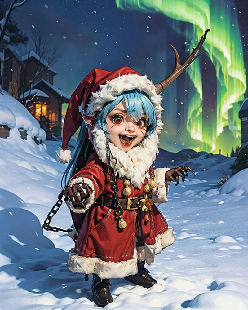 (full body), a (chibi-girl:1.45), krampus2023, horns, claws, fangs, chains,dark, horror \(theme\), silver-hair, long hair,
(Reindeer_Costume), (highheels:1.3),
(combat_pose:1.4),
(winter, christmas season, trees, Ornaments, Presents, garlands, wreaths, Snowmen, Aurora),
(detailed, best quality, realistic:1.4) <lora:krampus2023:0.7>