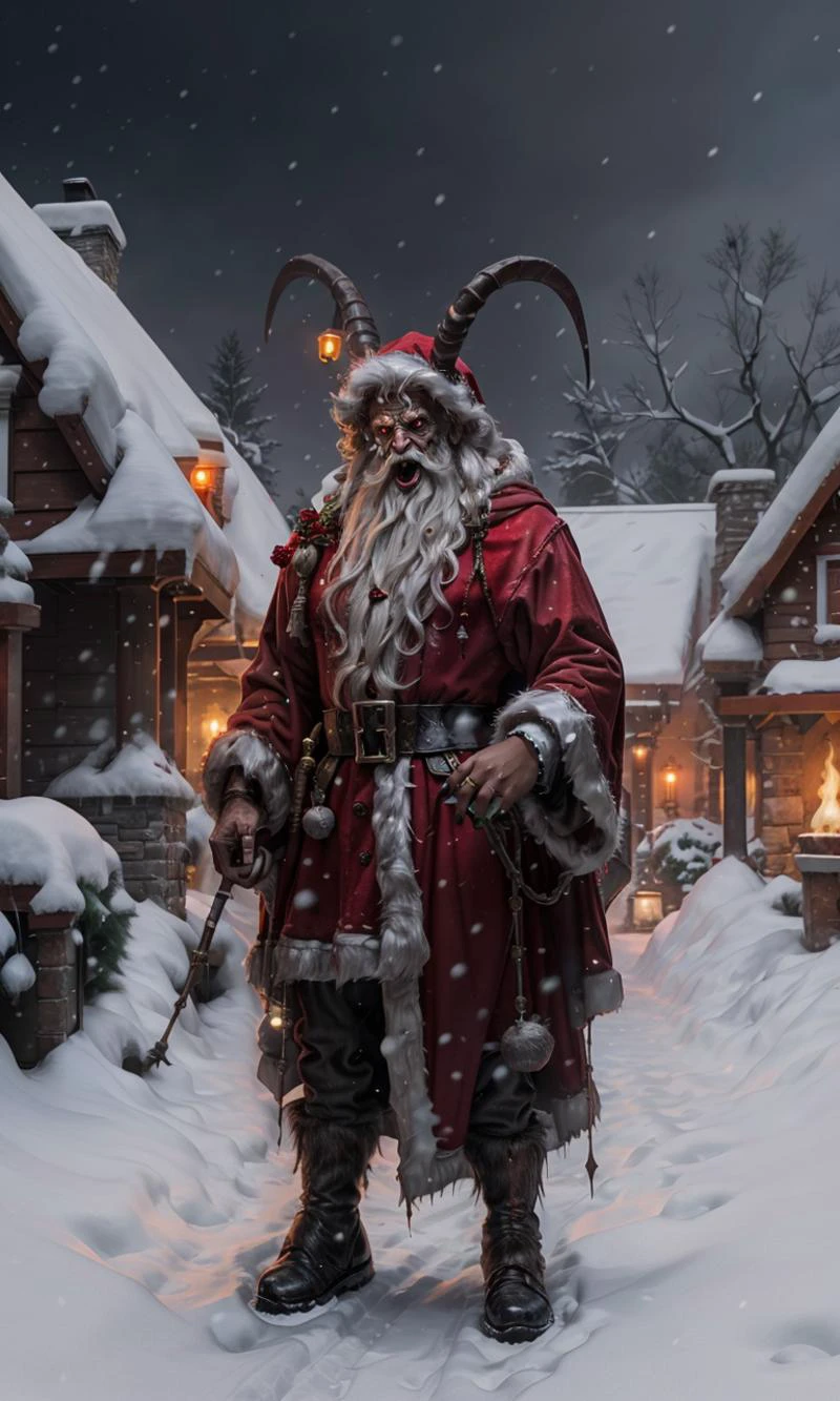 krampus2023, christmas, 8k, uhd, best best quality, trending on arstation, masterpiece, glowing red eyes, horns, standing on roof, snowy weather,