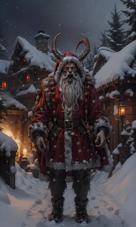 krampus2023, christmas, 8k, uhd, best best quality, trending on arstation, masterpiece, glowing red eyes, horns, snowy weather, hooves, claws, holding large sack, creepy, hunched back, digitigrade, closeup, ugly, fangs,