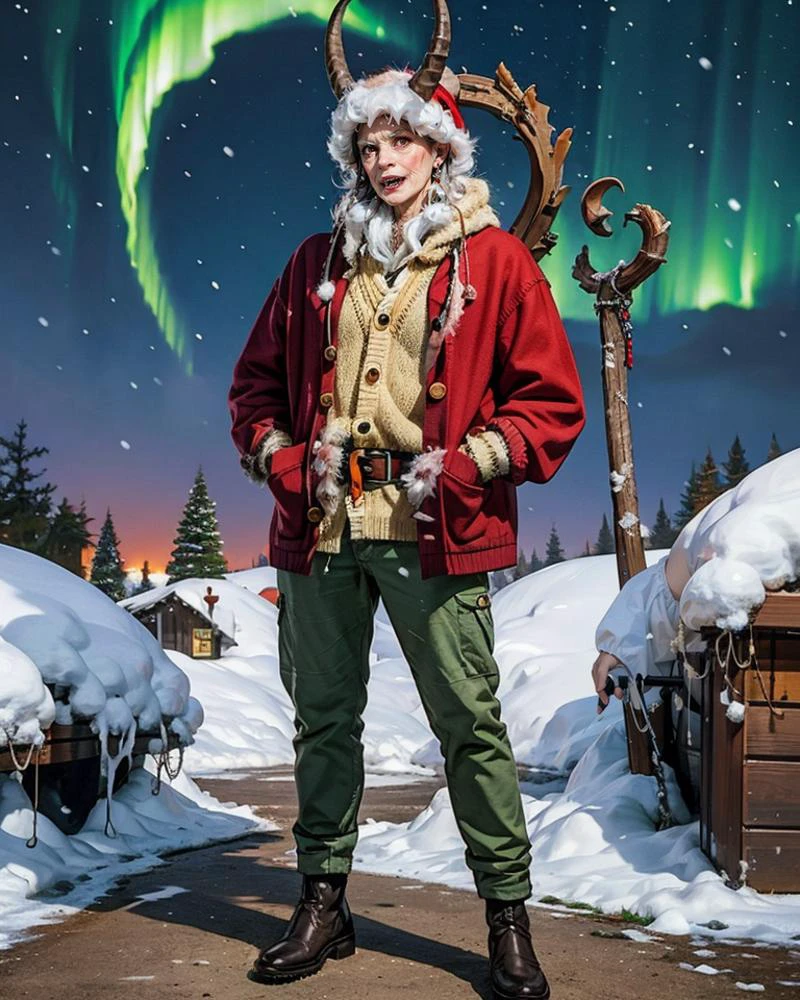 (full body), a (chibi-girl:1.45), krampus2023, horns, claws, fangs, chains,dark, horror \(theme\), silver-hair, long hair,
(Button-up knit cardigan, chinos pants), (highheels:1.3),
(combat_pose:1.4),
(winter, christmas season, trees, Ornaments, Presents, garlands, wreaths, Snowmen, Aurora),
(detailed, best quality, realistic:1.4) <lora:krampus2023:0.7>