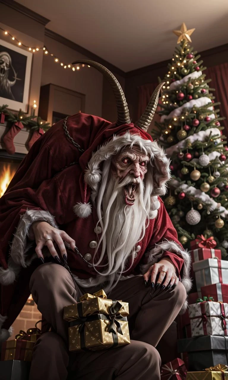 krampus2023, christmas, 8k, uhd, best best quality, trending on arstation, photorealistic, masterpiece, glowing red eyes, horns, hooves, claws, holding large sack, creepy, hunched back, digitigrade, closeup, ugly, fangs, 1 man, indoors, living room, christmas tree, gifts, dark, horror \(theme\), silent night,