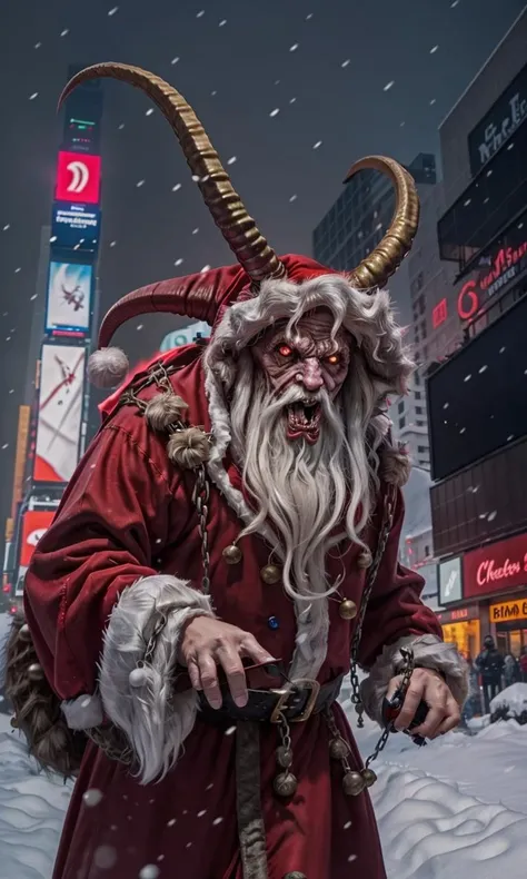 krampus2023, christmas, 8k, uhd, best best quality, trending on arstation, masterpiece, glowing red eyes, horns, snowy weather, hooves, claws, holding large sack, creepy, hunched back, digitigrade, closeup, ugly, fangs, 1 man, times square