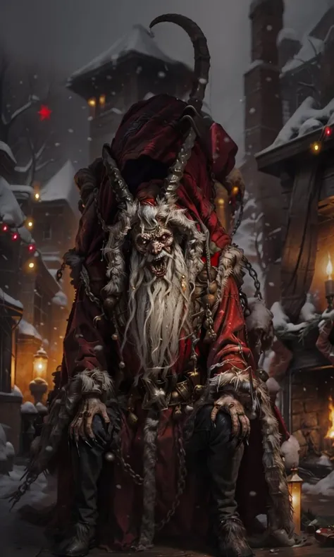 krampus2023, christmas, 8k, uhd, best best quality, trending on arstation, photorealistic, masterpiece, glowing red eyes, horns, hooves, claws, holding large sack, creepy, hunched back, digitigrade, closeup, ugly, fangs, 1 man, indoors, living room, christmas tree, gifts, dark, horror \(theme\)