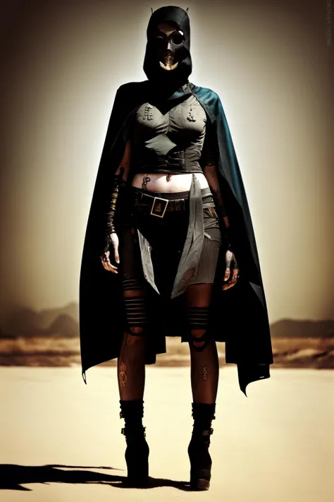 a woman in a black outfit and a cape , post-apocalypic_fashion