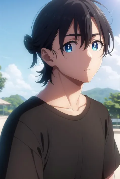 shinpeiajiro, <lora:shinpei ajiro s1-lora-nochekaiser:1>,
shinpei ajiro, black hair, hair between eyes, male focus, blue eyes,
BREAK short sleeves, pants, black shirt, t-shirt,
BREAK outdoors,
BREAK looking at viewer,
BREAK <lyco:GoodHands-beta2:1>, (masterpiece:1.2), best quality, high resolution, unity 8k wallpaper, (illustration:0.8), (beautiful detailed eyes:1.6), extremely detailed face, perfect lighting, extremely detailed CG, (perfect hands, perfect anatomy),