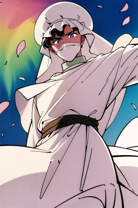 masterpiece,best quality,highres,<lora:Moonlight Knight:0.6>,Moonlight Knight,1990s \(style\),1boy,solo,retro artstyle,looking at viewer,turban,blue eyes,white rose,falling petals,white petals,mouth mask,cowboy shot,park,