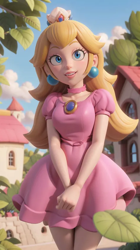 highres,masterpiece,perfect ligthing,bloom,cinematic lighting,adult,perfect skin,female,cowboy shot,smile,narrow waist,skinny,choker,detailled eyes,blue eyes,sensual,pink lips,(glossy lips:1.21),pursed lips,pink pumps,glossy skin,oily skin,beautiful light,(day:1.3),bright,looking at viewer,<lora:3DMM_V11:0.4>,pink dress,outside,nature,castle,tree,<lora:PrincessPeach1:0.8>, Princess Peach,blonde hair,earrings,