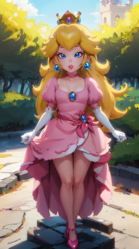 highres,masterpiece,perfect lighting,bloom,cinematic lighting,adult,perfect skin,female,(smile:0.5),narrow waist,skinny,choker,detailled eyes,blue eyes,sensual,pink lips,(glossy lips:1.21),pursed lips,glossy skin,oily skin,beautiful light,(day:1.3),bright,princess peach,1girl,pink dress,flat chest,full body,standing,blonde hair,princess peach,earrings,|crown,gem,puffy sleeves,short sleeves,white gloves,castle,<lora:PrincessPeach1:1>,