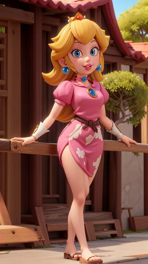 highres,masterpiece,perfect lighting,bloom,cinematic lighting,adult,perfect skin,female,cowboy shot,smile,narrow waist,skinny,choker,detailed eyes,blue eyes,sensual,pink lips,(glossy lips:1.21),pursed lips,glossy skin,oily skin,beautiful light,(day:1.3),bright,looking at viewer,<lora:3DMM_V11:0.4>,outside,nature,castle,tree,<lora:PrincessPeach1:0.8>,Princess Peach,blonde hair,earrings,china dress,