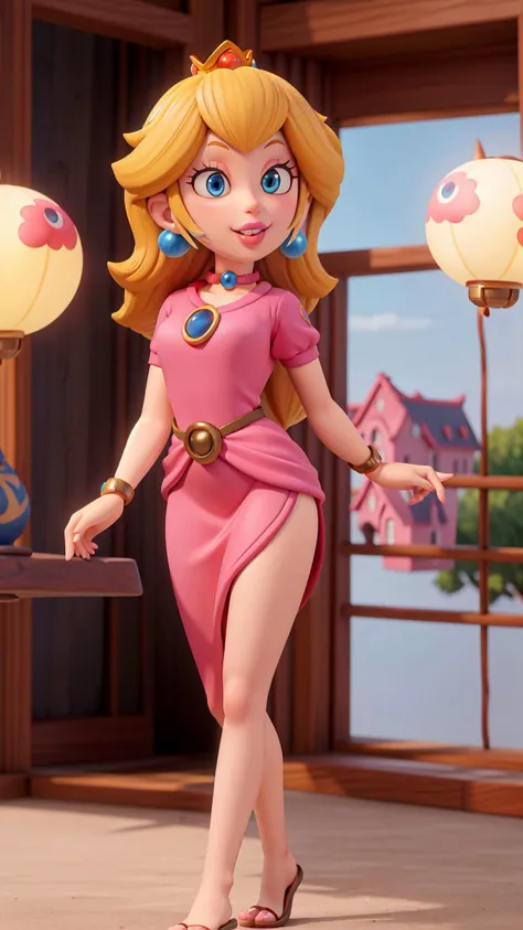 highres,masterpiece,perfect lighting,bloom,cinematic lighting,adult,perfect skin,female,cowboy shot,smile,narrow waist,skinny,choker,detailed eyes,blue eyes,sensual,pink lips,(glossy lips:1.21),pursed lips,glossy skin,oily skin,beautiful light,(day:1.3),bright,looking at viewer,<lora:3DMM_V11:0.4>,outside,nature,castle,tree,<lora:PrincessPeach1:0.8>,Princess Peach,blonde hair,earrings,china dress,