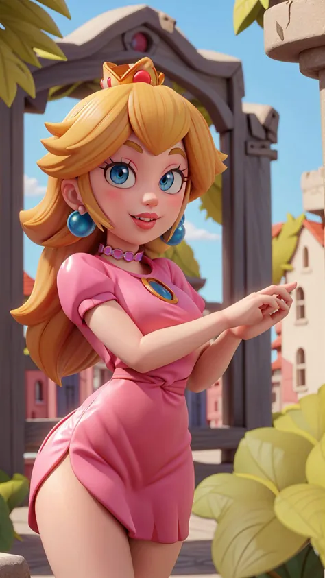highres,masterpiece,perfect lighting,bloom,cinematic lighting,adult,perfect skin,female,cowboy shot,smile,narrow waist,skinny,choker,detailed eyes,blue eyes,sensual,pink lips,(glossy lips:1.21),pursed lips,glossy skin,oily skin,beautiful light,(day:1.3),bright,looking at viewer,<lora:3DMM_V11:0.4>,outside,nature,castle,tree,<lora:PrincessPeach1:0.8>,Princess Peach,blonde hair,earrings,china dress,