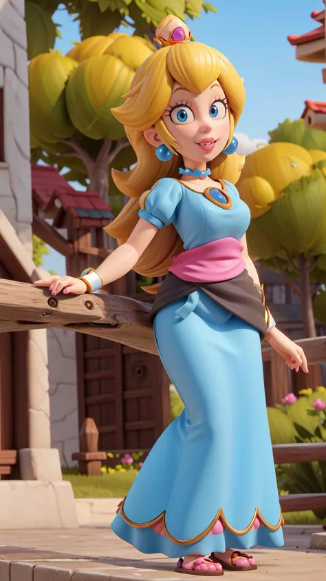 highres,masterpiece,perfect lighting,bloom,cinematic lighting,adult,perfect skin,female,cowboy shot,smile,narrow waist,skinny,choker,detailed eyes,blue eyes,sensual,pink lips,(glossy lips:1.21),pursed lips,glossy skin,oily skin,beautiful light,(day:1.3),bright,looking at viewer,<lora:3DMM_V11:0.4>,outside,nature,castle,tree,<lora:PrincessPeach1:0.8>,Princess Peach,blonde hair,earrings,china dress,