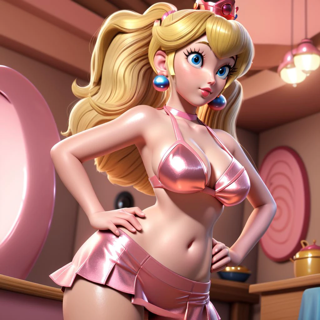 masterpiece, best quality, 4k, high res, detailed, detailed background, beautiful blue eyes, detailed face, highest quality, 1girl, solo, breasts, blue eyes, blonde hair, jewelry, earrings, crown, princess peach, pink lipstick, perfect hands, 5 fingers, 1girl,solo, huge breasts, indoors, kitchen, center opening, cartoon, cartoon artstyle, anime, sultry pose, swaying hips, bimbo, (((pink shiny metallic bikini))), bikini, microskirt, twintail, twin tails, twin tail hairstyle, navel, bare shoulders, midriff, hands on hips, <lora:PrincessPeach2B:0.7>, thick thighs, slender body, round hips, bimbo micro skirt, perfect hands,