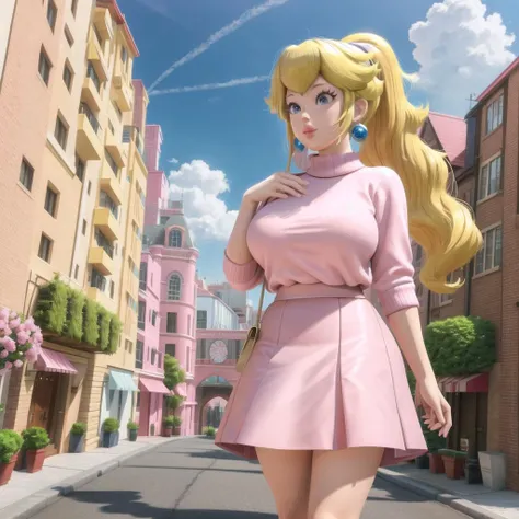 <lora:PrincessPeach2B:0.7>, masterpiece, outside, cityscape, cars, detailed, detailed background, princess peach, pink sweater, ((pink skirt)), white sneakers,  walking in the city, blue eyes, slender body, huge breasts, blonde hair, blue eyes, ponytail, earrings, lips, puckered lips, pink lipstick, best quality, 4k, uhd, beautiful blue eyes, detailed eyes,