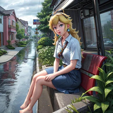 Take a deep breath and let's work step by step on this problem .Princess Peach(from super mario, blonde blue eyes) wearing casual clothing while sitting at the bus stop, short shaggy haircut, a scenic landscape wide shot of a bus stop, Tsutomu Nihei, anime oil painting, grainy, vintage anime, rainstorm, late evening, waiting for the bus, melancholy, atmospheric, there\'s a small river behind the bus stop and behind the river is a row of houses, warm light from street lamps and houses, somber and melancholy,High-res, impeccable composition, lifelike details, perfect proportions, stunning colors, captivating lighting, interesting subjects, creative angle, attractive background, well-timed moment, intentional focus, balanced editing, harmonious colors, contemporary aesthetics, handcrafted with precision, vivid emotions, joyful impact, exceptional quality, powerful message, in Raphael style, unreal engine 5,octane render, isometric, beautiful detailed eyes, super detailed face and eyes and clothes, OverallDetail,   <lora:PrincessPeach2B:0.7>,  long hair,  <lora:add_detail:1>